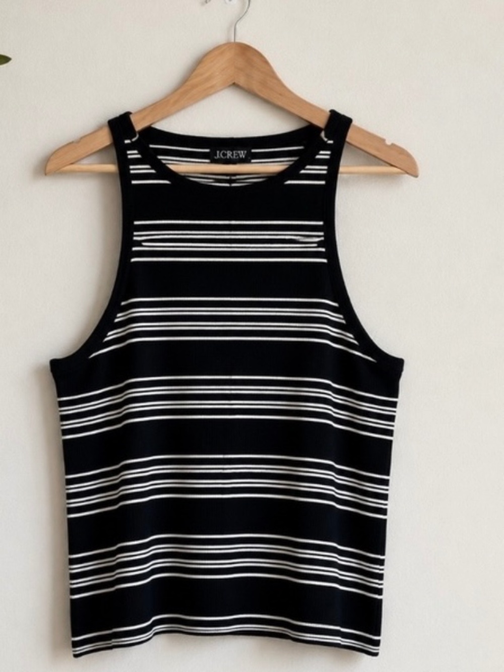 J. CREW Vintage rib high-neck cutaway tank top sz L WIDE BRENTON BLACK STRIPE